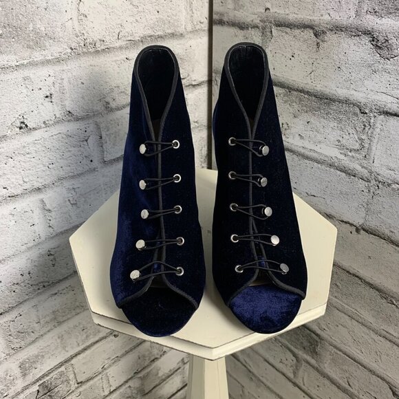Enzo Angiolini Witchy Blue Velvet Peep Toe Strappy Ankle Boot - Picture 2 of 12